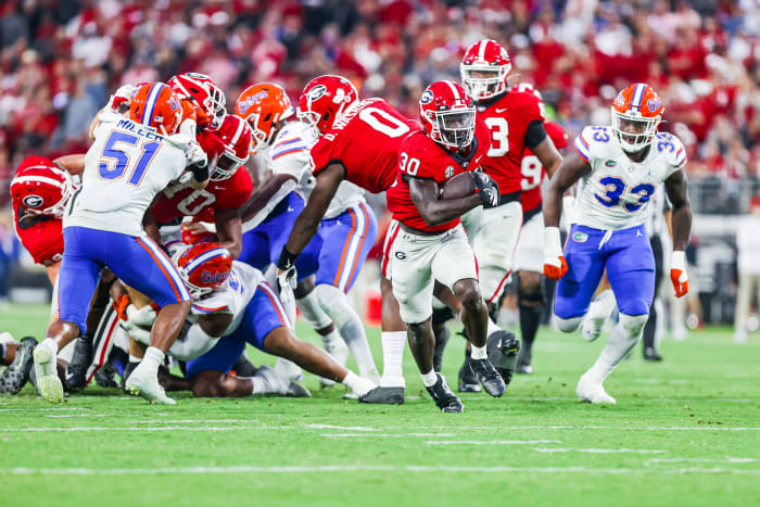 Georgia running back Daijun Edwards (30) during Georgia’s game against Florida at TIAA Bank Field in Jacksonville, Fla., on Friday, 28, 2022. (Photo by Tony Walsh)